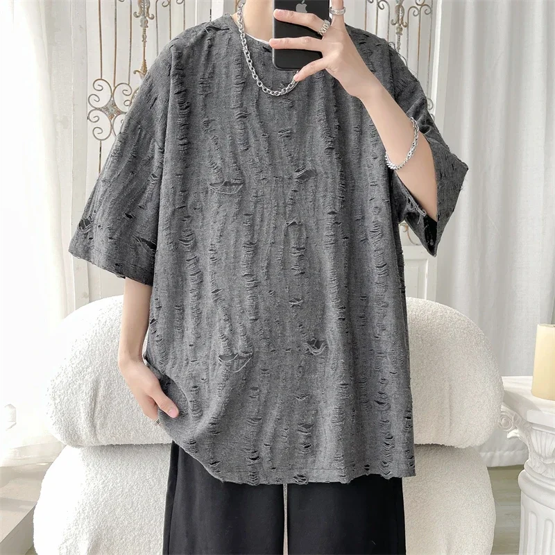 High Street Heavy Ripped Design Short Sleeve T-Shirt Men 2025 New Summer Mens Hip Pop Loose T-shirt Oversized Tees Male Tops