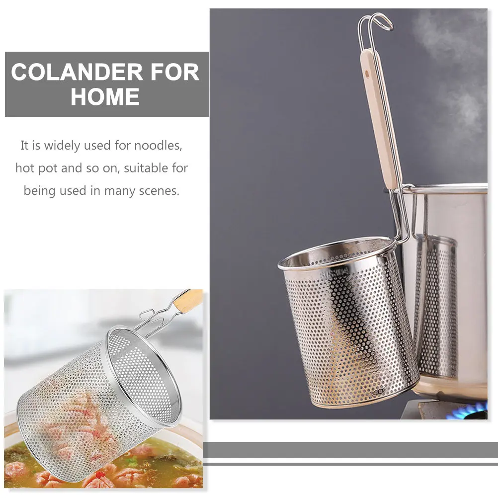 Premium Stainless Steel Wood Composite Noodle Strainer Spoon Mesh Colander Basket for Cooking Noodles Spaghetti Ramen Hot Pot