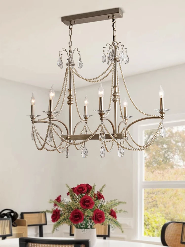 Vintage Silver Classical Long Dining Room Crystal Pearl Decor Candle Chandelier Home Pendant Lights Led European Design Lustre
