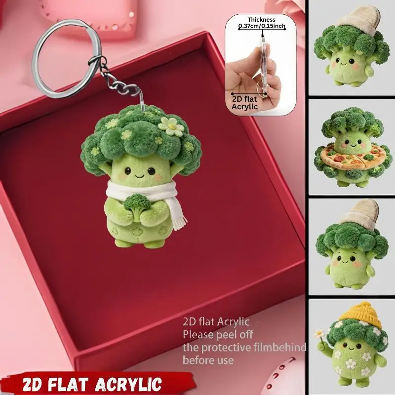 Cute 2D Flat Acrylic Broccoli Keychain Cartoon Design Sturdy Metal Ring Perfect For Bag Decoration Gifts For Kids Friends