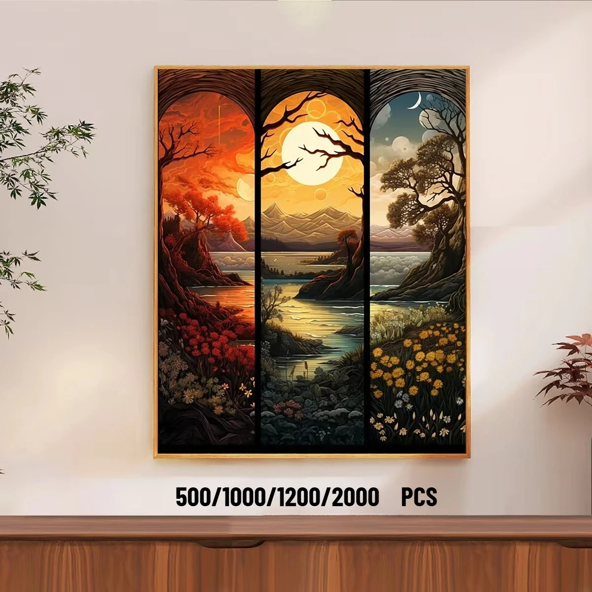 500/1000/1200/2000 PCS Jigsaw Puzzles 3 Panel Nature Landscape Sunset Moon Tree Scenery Decor No Frame Living Room