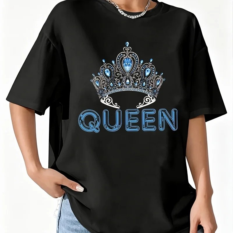 Queen Women's 100% Cotton T-Shirt Short Sleeve Top Casual Round Neck Fun Print Tee S-5Xl