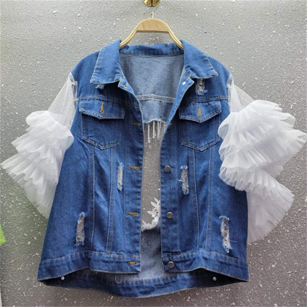 

Lace spliced vest loose bare back fried street sleeveless denim jacket