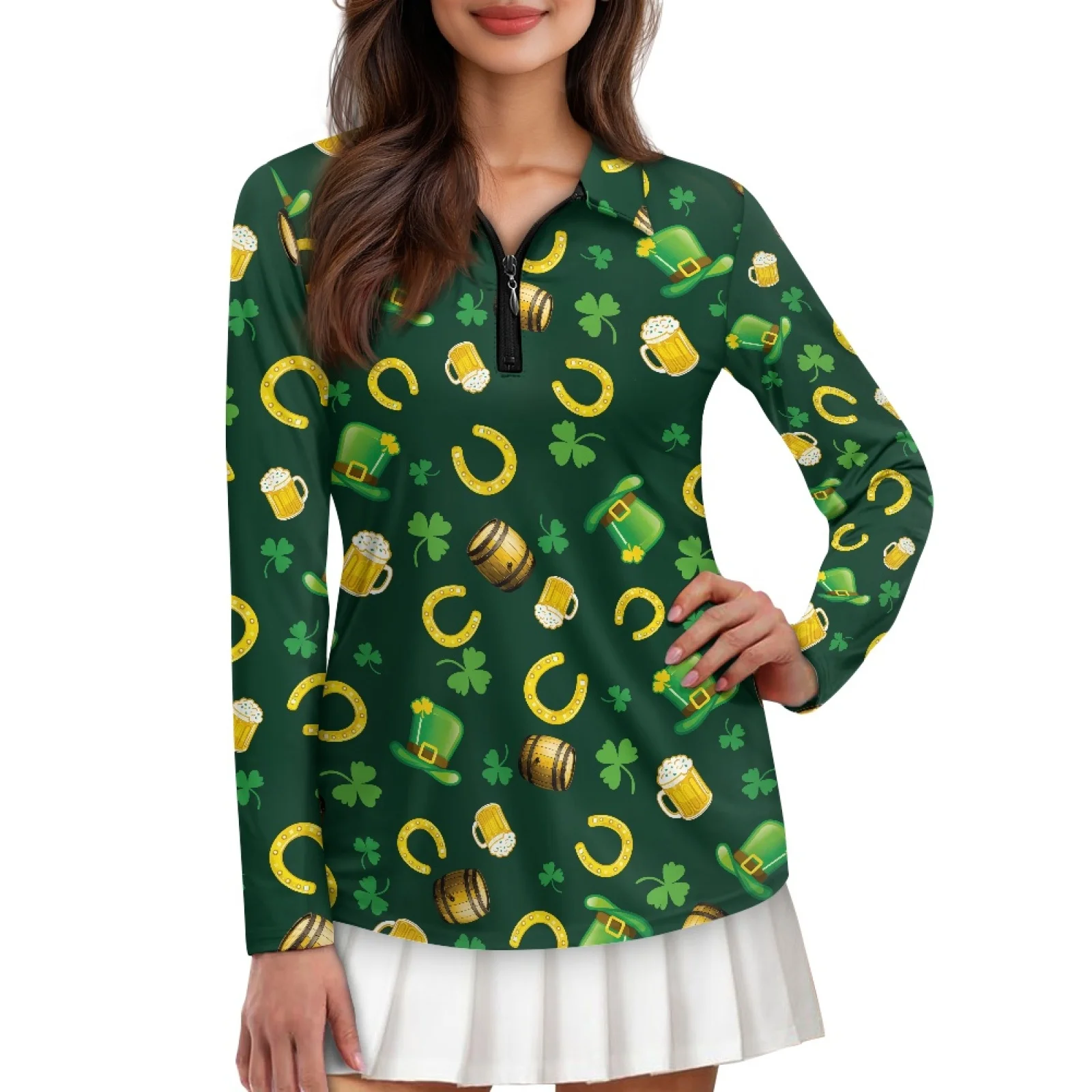 PENSTROLL Green Shamrock Print Womens Plus Size Running Polo Shirts Slim Fit Golf Shirts for Fall