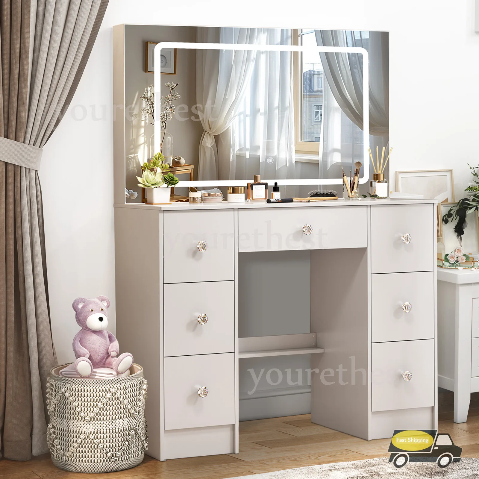 طقم مكتب مكياج كبير لطاولة الزينة مع مرآة LED كبيرة و7 أدراج #5