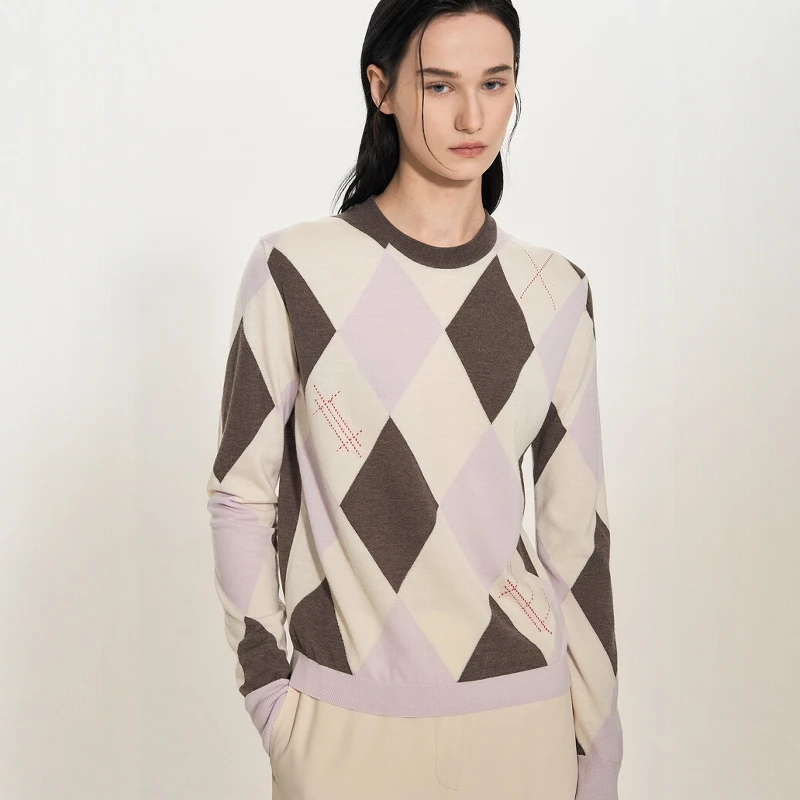 

Soft Knitted Sweater Diamond Pattern Loose Fit Overhead Long Sve round Ne Premium Feeling Korean Sle Spring Faion