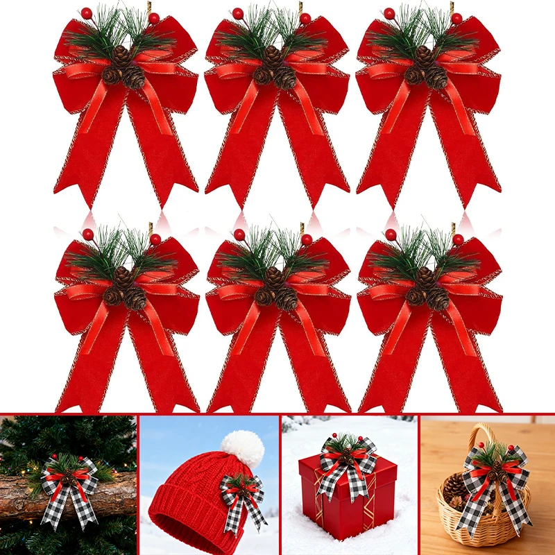 

6PCS Large Christmas Tree Topper Bow Velvet Fabric Pine Cones Ribbon for Xmas Wreath Party DIY Holiday Home Office Decorations