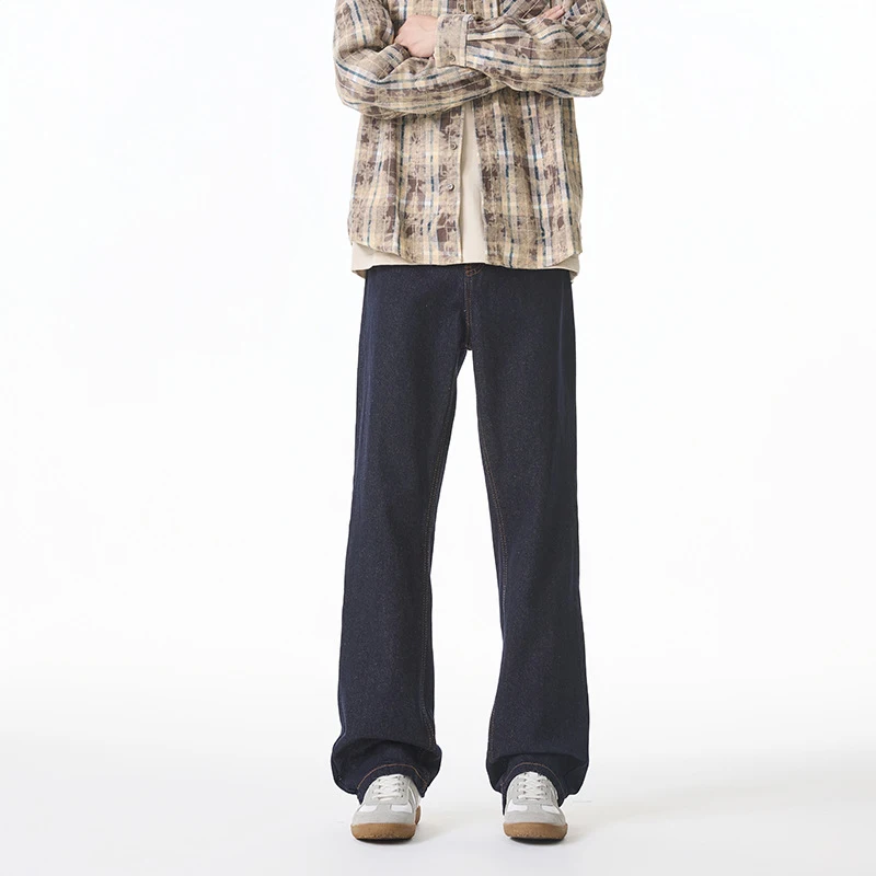 Men's American Style Trendy Cool Heavy-Duty Washed Denim Jeans Wide Leg Cotton Wear-Resistant Casual Wide Width Pants