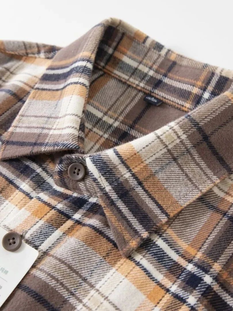 American Retro Flannel Brushed Cotton Double Sided Autumn Winter Men's Plaid Long Sleeve Shirt Comfortable Breathable Casual ...