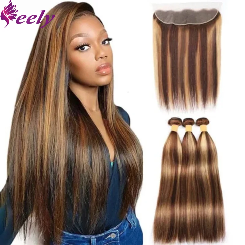 Pacotes de cabelo humano reto com fechamento, laço frontal, cor loira de mel, 100% cabelo humano real, # P4, 27, 13x4