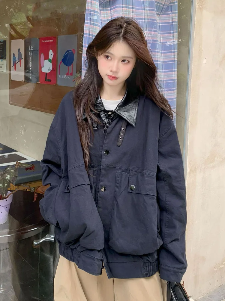 Women's American Retro Barn Style Cargo Jacket Autumn Oversized Casual Leather Collar Jacket Multi-Pocket Loose Fit Jacket