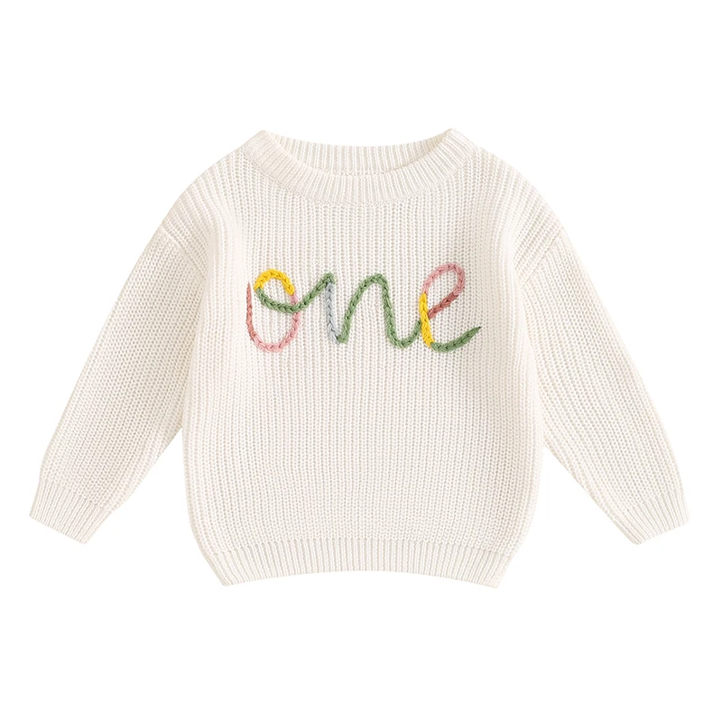 

Baby Boys Girls Birthday Sweater Letter Embroidery Crew Neck Long Sleeve Knitted Pullover Tops Fall Winter Clothes