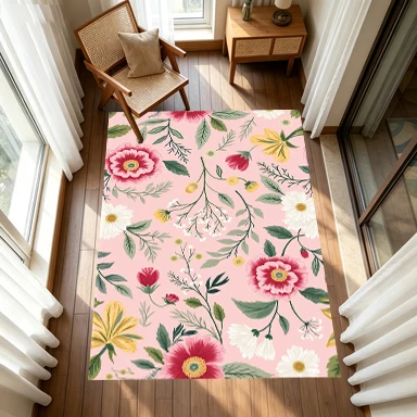 Pink Background Peony Daisy Wildflower Carpet Floor Mat Vintage Plant Floral Non-Slip Floor Rug Suitable for Girls' Bedroom Decoration