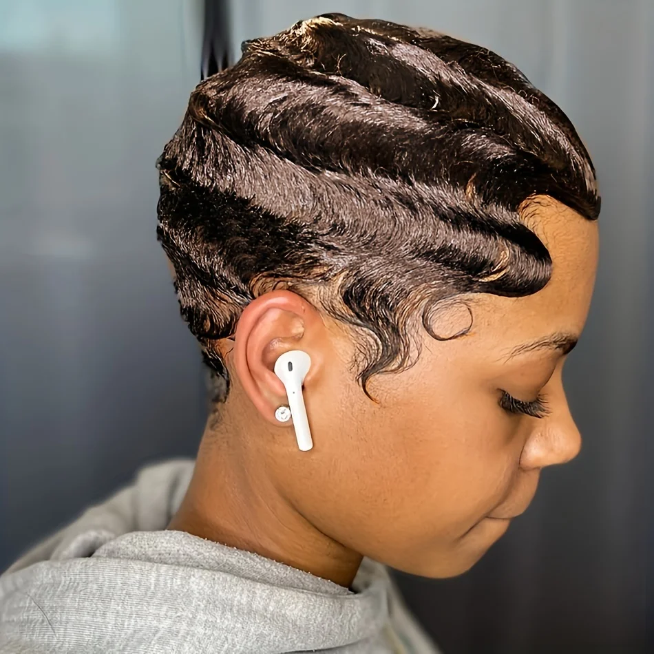 Short Pixie Cut Wig Loose Curly Finger Wave Style Human Hair Wig Brazilian Ocean Wave with for Daily Wear Machine Made Wig