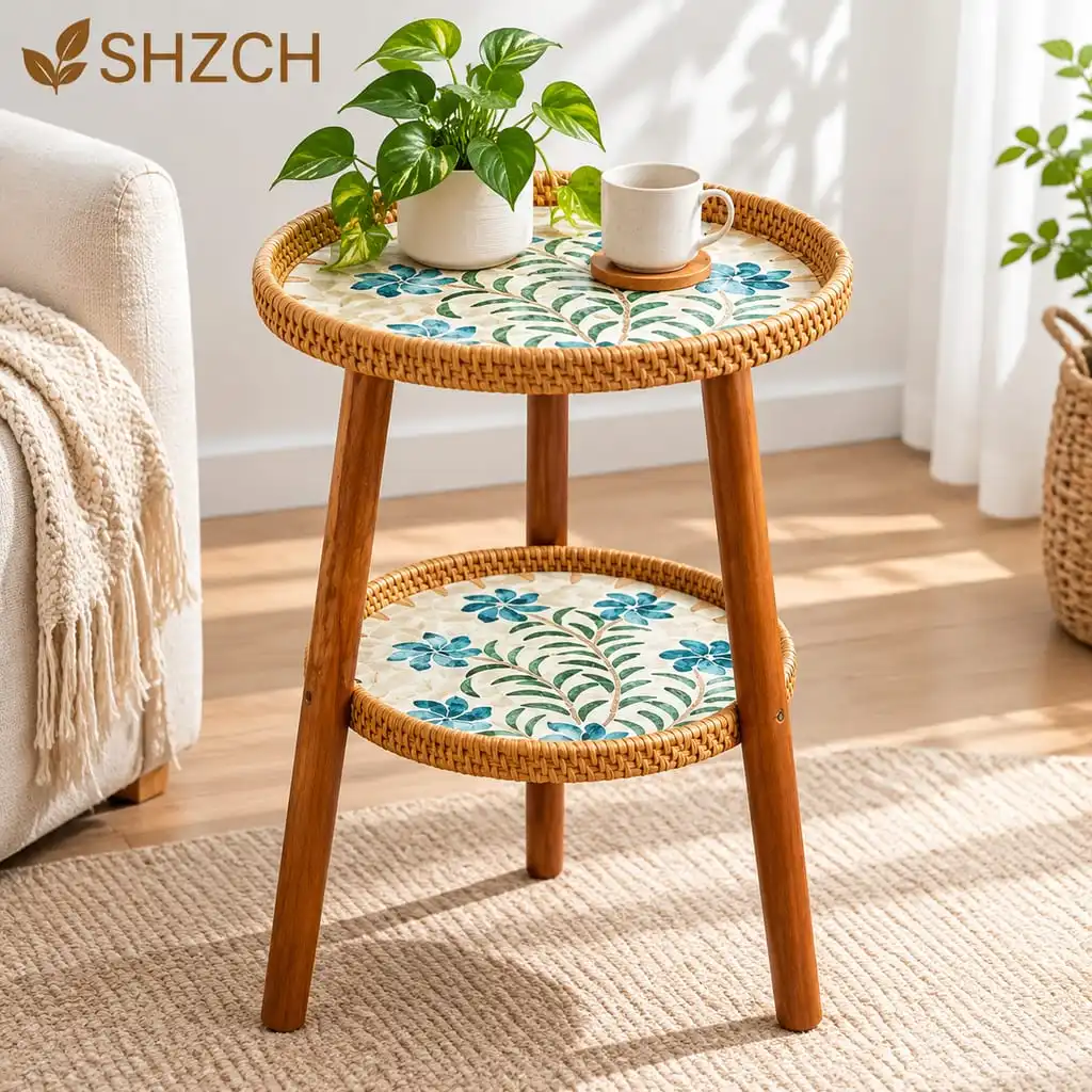 Handcrafted Rattan Two Tier Side Table with Mother of Pearl Mosaic, Luxury Round End Table for Living Room Bedroom Furniture