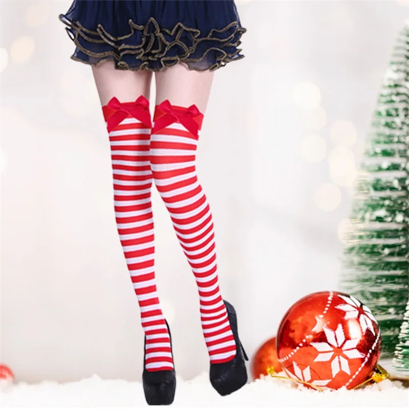 Kaus kaki natal wanita kaus kaki setinggi paha bergaris 3D busur Lolita kaus kaki bot Natal Cosplay Lucu