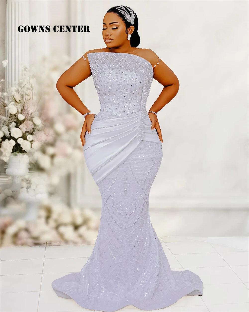 

Stunning Beads Crystal Aso Ebi Wedding Dresses Mermaid Pleat African Engagement Gowns Luxury Dress Woman 2025 O Neck Customized