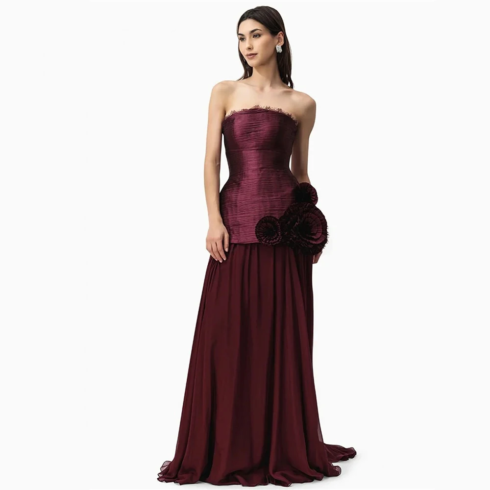 

Customized Retro Chiffon Flower Draped A-line Strapless Long Dresses Bespoke Occasion Dresses Formal Exquisite High quality Sexy