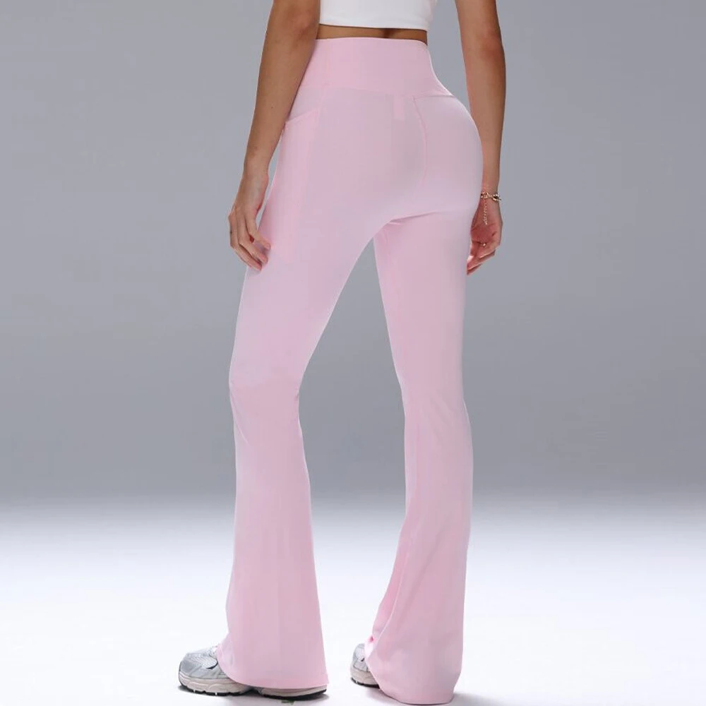 Damskie legginsy z rozszerzanymi nogawkami, krzyżowany pas, spodnie do ćwiczeń na siłowni, fitness, na co dzień, spodnie do jogi, marszczone legginsy sportowe z kieszeniami.