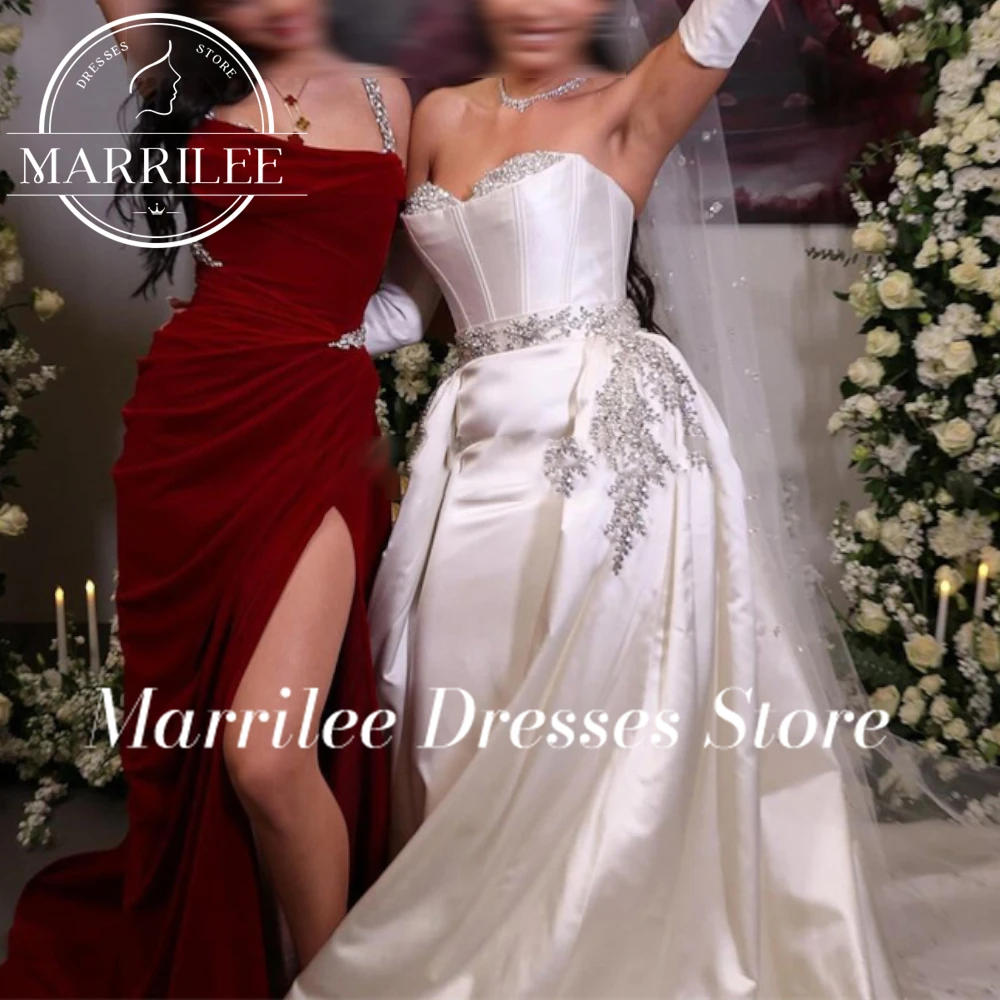 Marrilee personalizado brilhante strass vestidos de dama de honra sexy cinta de espaguete sem mangas alta fenda lateral vestido de noite