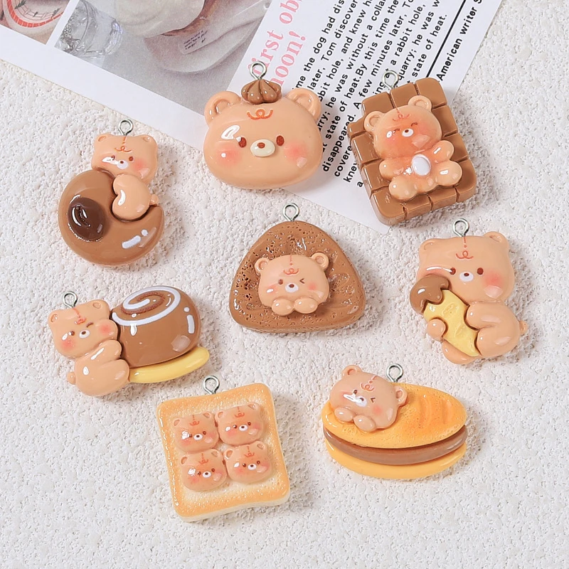 10Pcs Kawaii Cartoon Bread Coffee Toast Bear Charms Resin Animals Pendants for Jewelry Making DIY Earrings Keychains Accessory