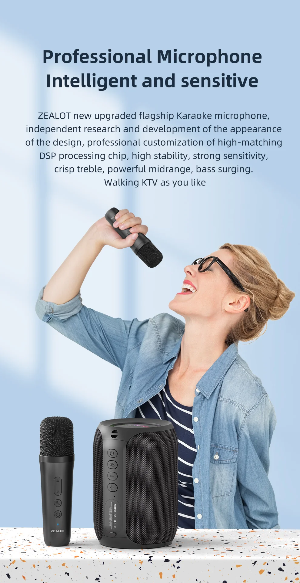 ZEALOT-S62M Karaoke-Maschine Tragbares Bluetooth 5.3 Lautsprechersystem mit 1-2 Drahtlosen Mikrofonen für Zuhause, Familie, Festivals, Geschenke – Detail 6