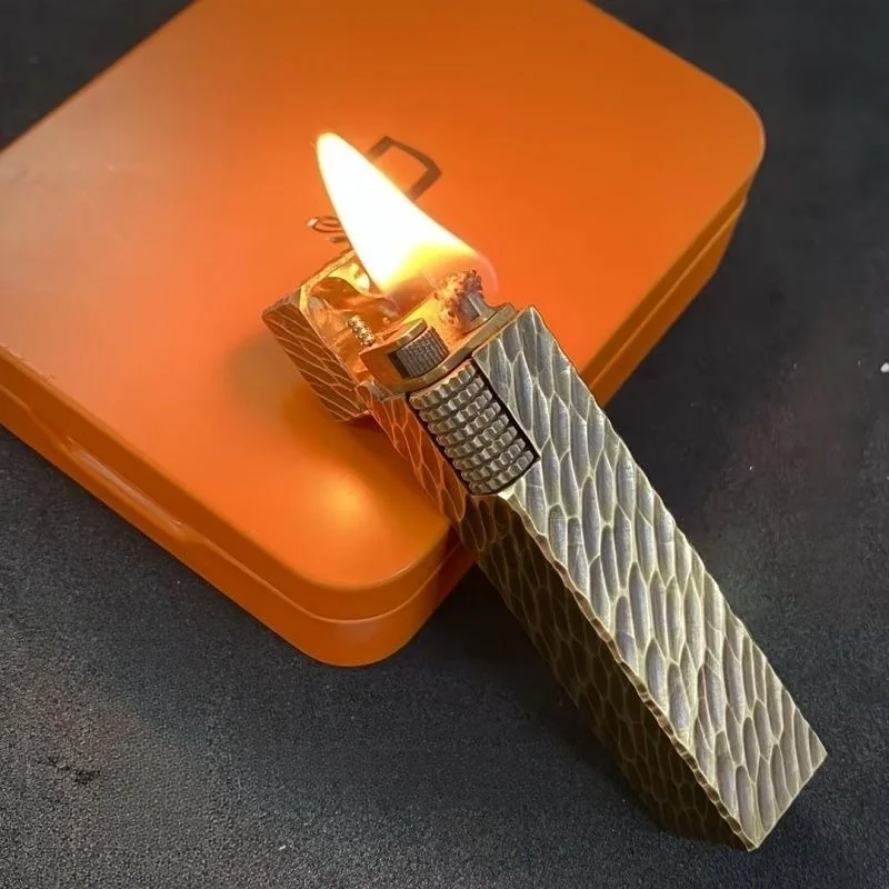 Handmade Retro Pure Copper Kerosine Lighter Small Square Side‑wheel Hand‑Carved Vintage Cigarette Lighter Smoking Collectible