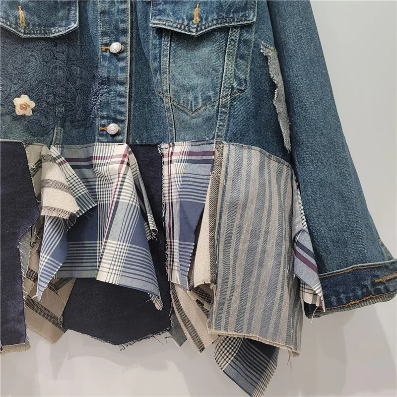 2025 가을 빈티지 디스트레스드 데님 코트 여성용 불규칙한 체크 패치워크 라펠 긴 소매 아우터웨어