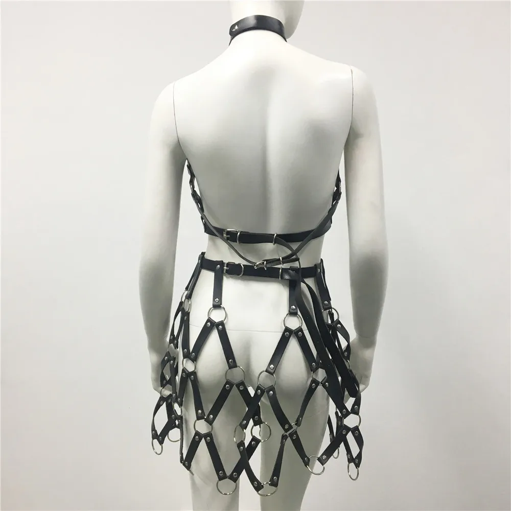 AKYZO Punk Bondage Hollow Out Crop Top and Mini Skirts Set for Women Gothic Faux Leather Festival Rave Sexy Clubwear Party Outfi