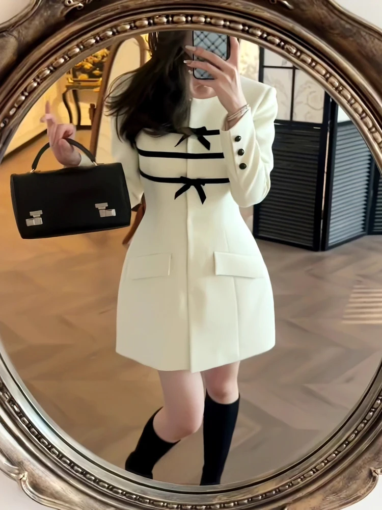 Slimming Long Sleeve Suit Dress Women's Autumn Winter New Style Beautiful Knot High Waist A-Line Dress French Style