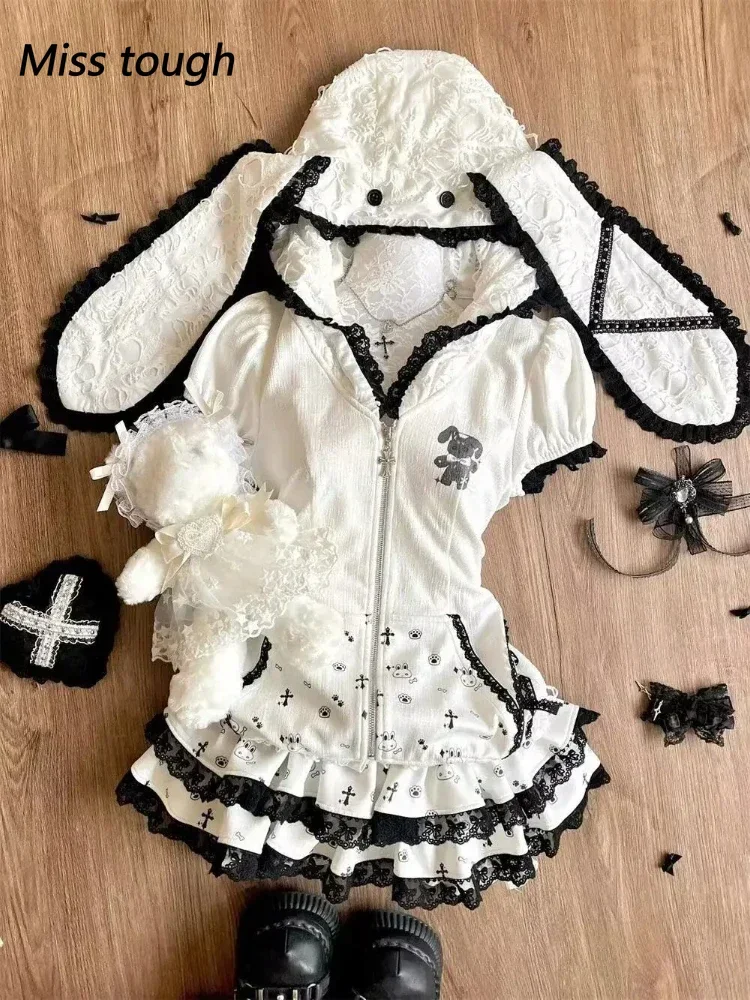 Japanese Kawaii Solid 2-piece Set Women Design Sweet Long Sleeve Cute Hooded Coat Female + High Waist Cake Skirt Suit Winter New