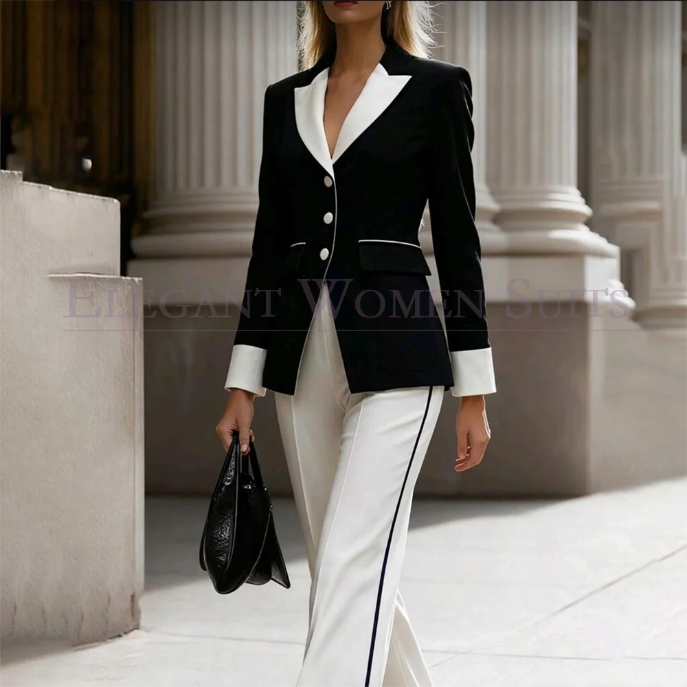 High Quality Women's Suits 2026 Customized Single Breasted Regular Fit Black Jacket With White Pants Sets For Work Office Coat