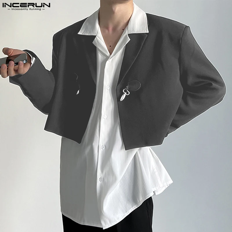 INCERUN Men Blazer Solid Color Lapel Long Sleeve One Button Crop Suits 2024 Streetwear Korean Fashion Casual Thin Coats S-5XL