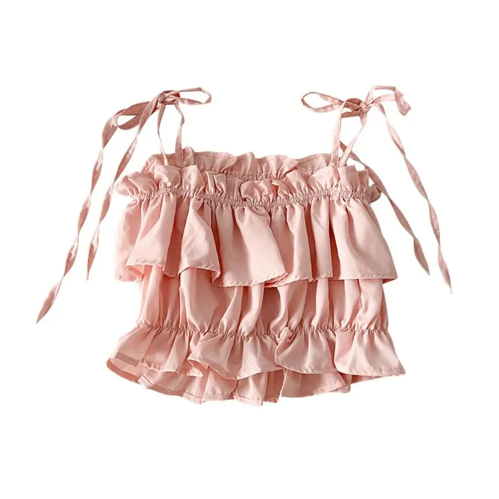 Square Neck Ruffle Bowknot Sleeveless Camisole Vest Backless Bow Lace-tied Up Tank Tops Double Layer Female Top