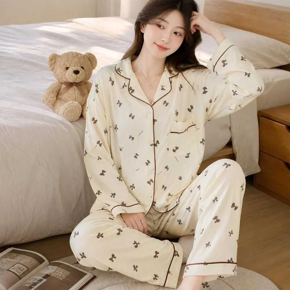Comfortable Leopard Long Pajama Set Bear Bow Women's Loungewear Cherry Print Floral Lady Nightwear Suit Women