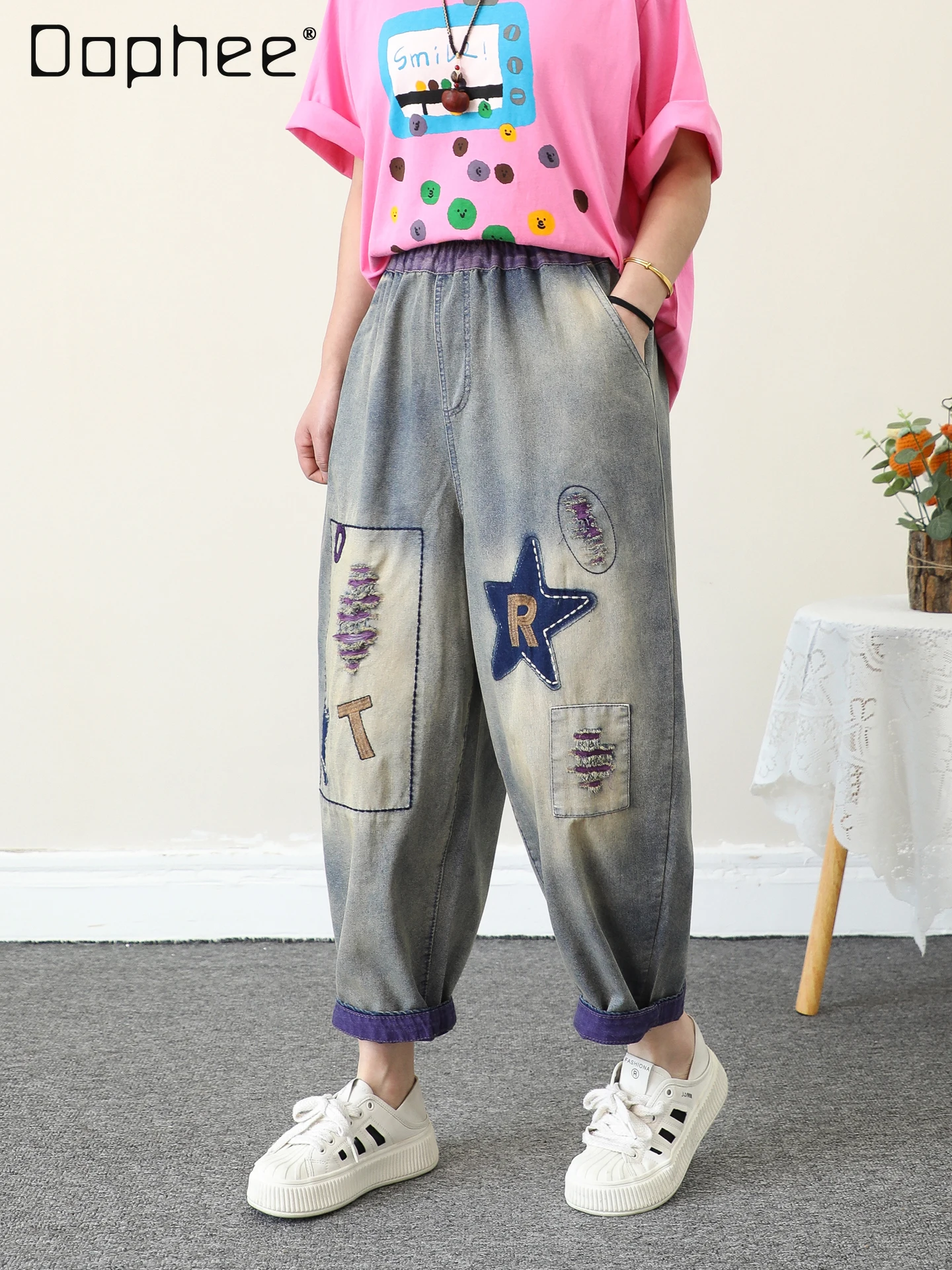 

Retro Five-star Patch Letter Embroidered Jeans Women's Loose Ripped Popular Eight-point Harlan Pants 2025 Thin Summer Pants