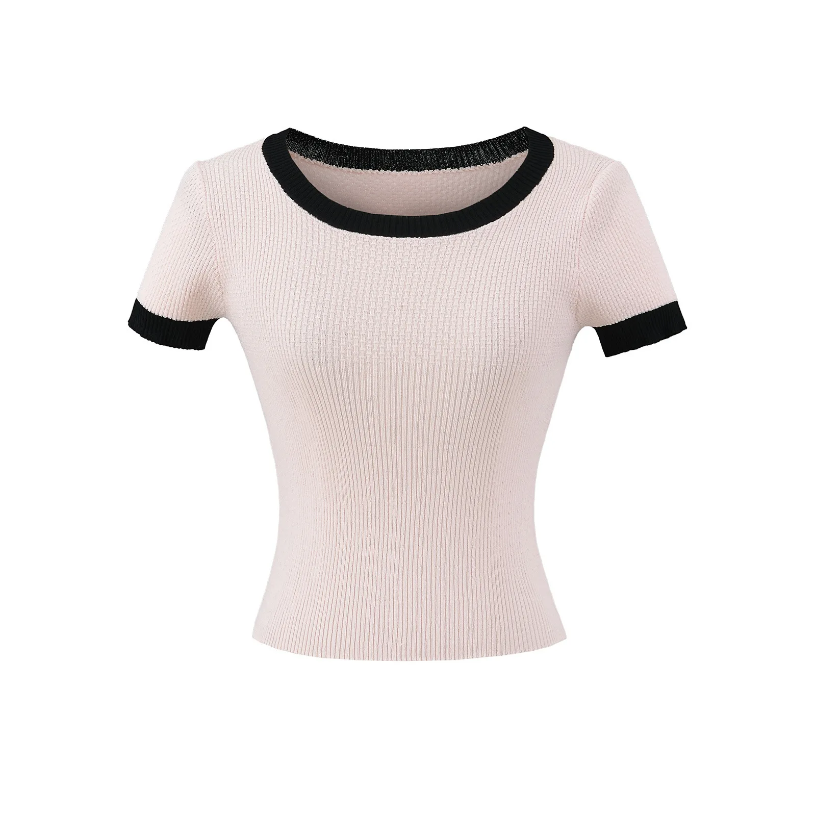เนื้อใหม่ของผู้หญิง Spice Girl สีตัดกันถักแขนสั้นฤดูร้อนเข้ารูปพอดีเสื้อคุณภาพสูง