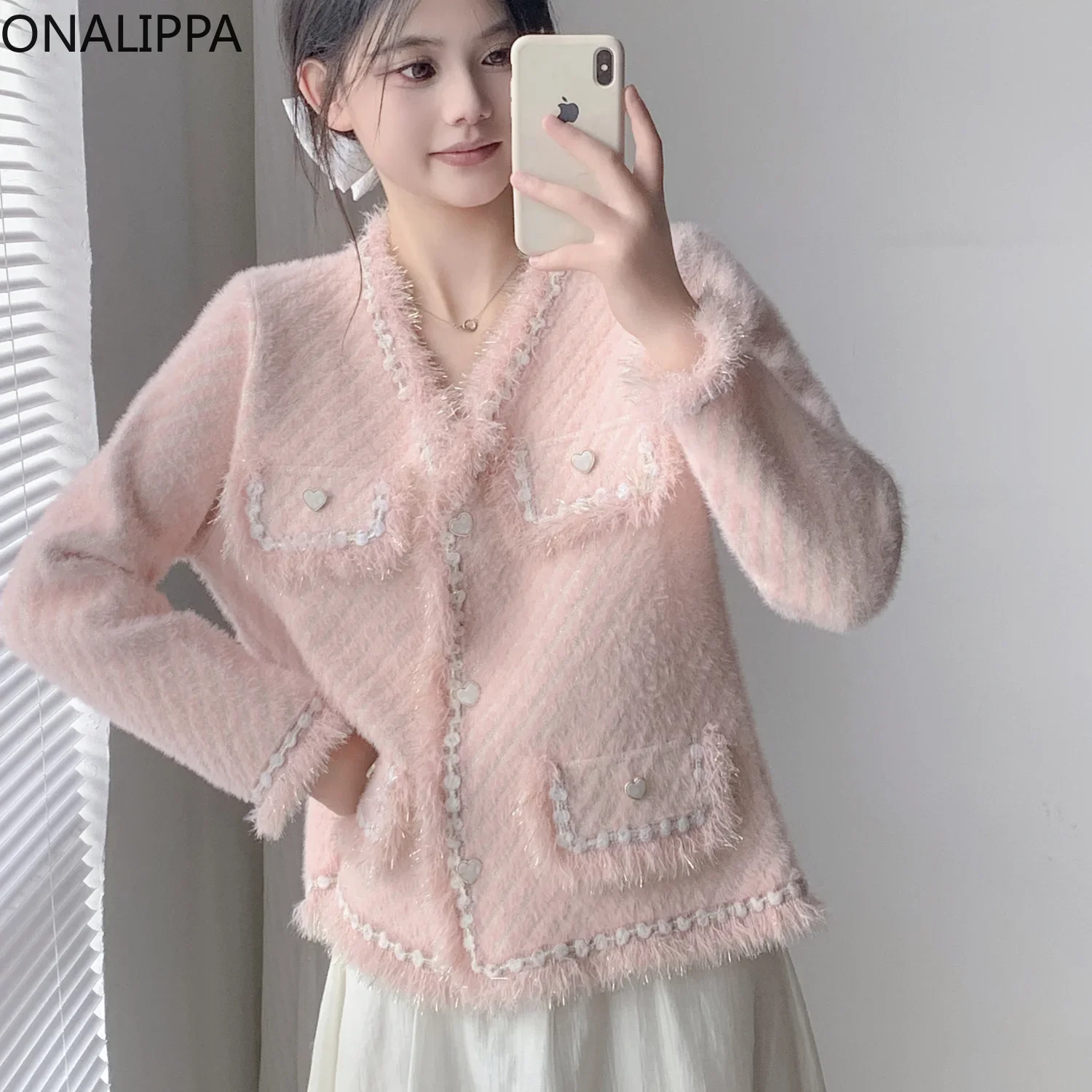 Onalippa Small Fragrance Tassel Knitted Cardigan Heart Shape Buttons Sweet Loose Cardigans Chic Design Long Sleeves Sweater