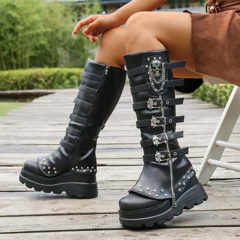 2025 Black Punk Willow Spike Combination Thigh Boot Booster Platform Side Zip Leg Cover Boot