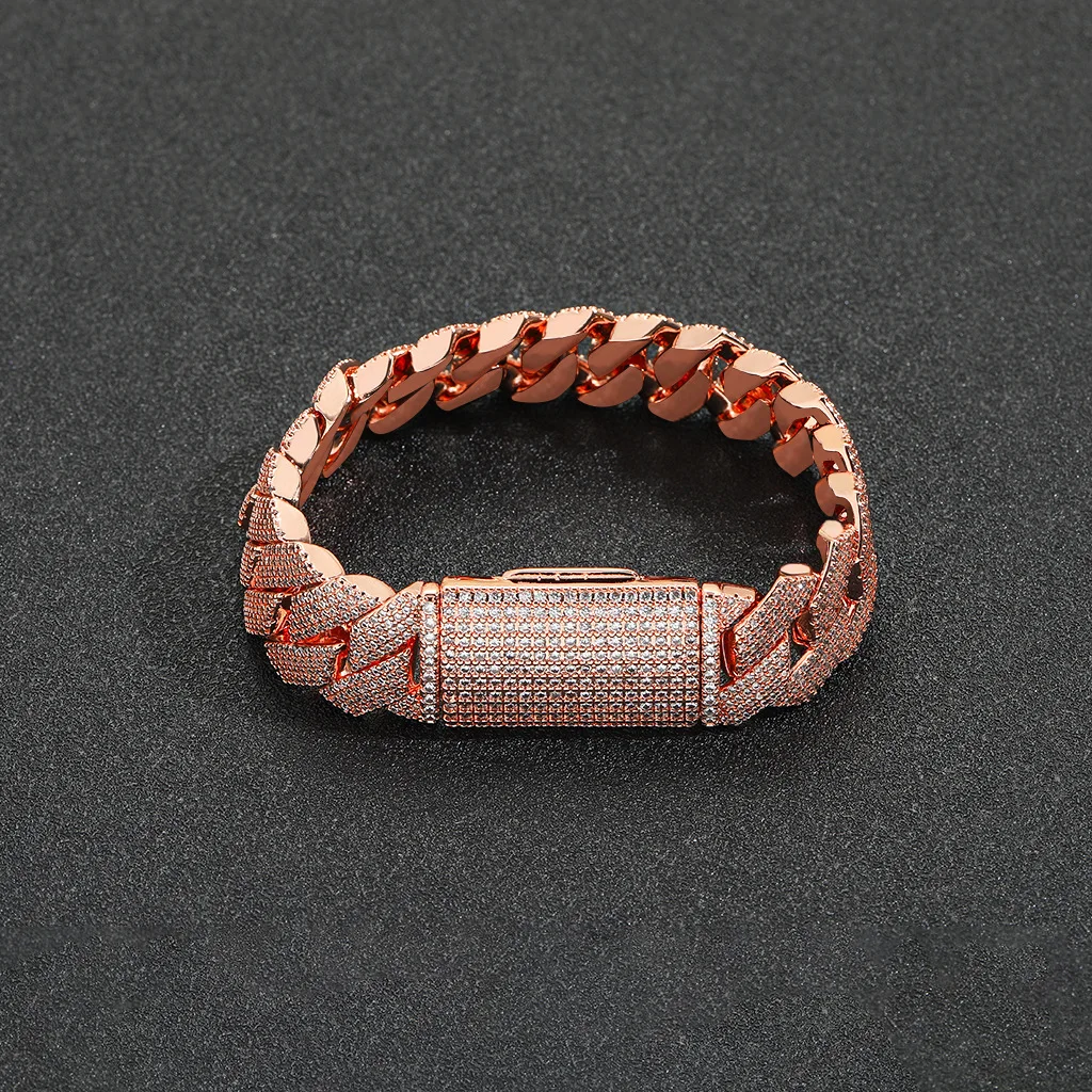 18MM 4-Row CZ Rose Gold Rhombus Cuban Link Bracelet For Men Micro Paved Iced Out Hip Hop Jewelry Trendy Street Bracelet