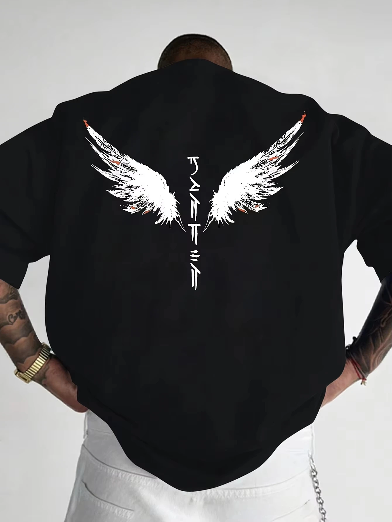 2026 Summer Men's Casual Short Sleeved T-shirt with Hooked Eye Wing Print Round Neck Design Suitable for Breathable Plus Size