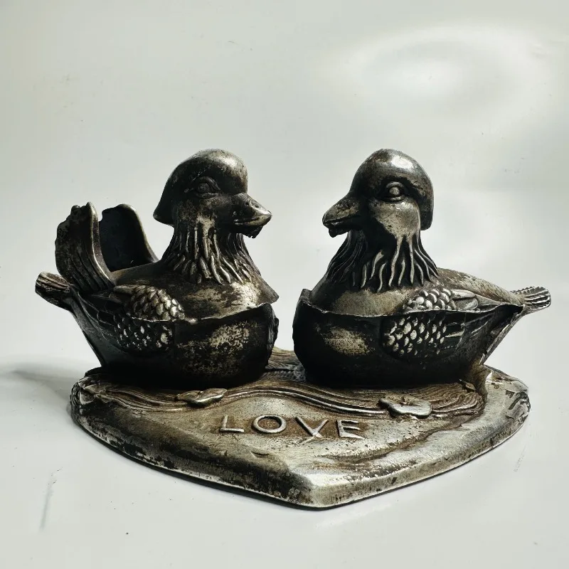 Retro Silver Tone Pair Mandarin Duck Statue Love Letter Base Traditional Chinese Wedding Tabletop Ornament Craft