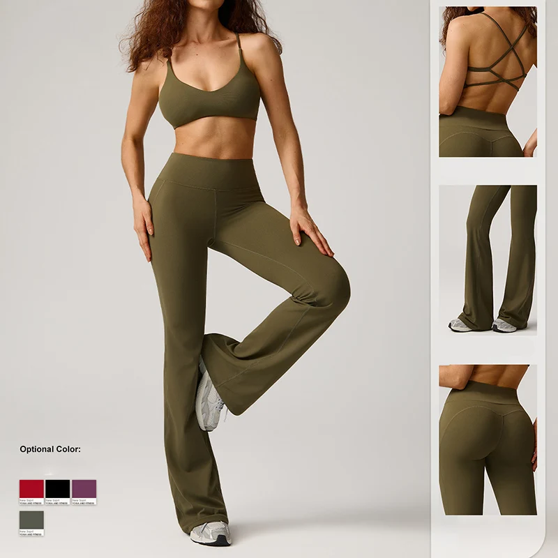 Autumn and Winter Brushed Yoga Set Womens Shock-absorbing Gathering Sports Bra High Waist Hip Lifting Flared Pants Two-piece Set