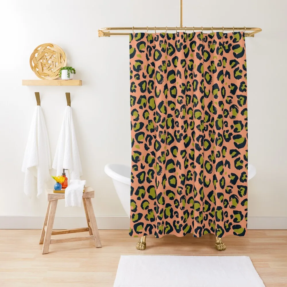 

Peach, olive and dark blue leopard print Shower Curtain For Bathroom Shower Waterproof Fabric Bathroom Curtain