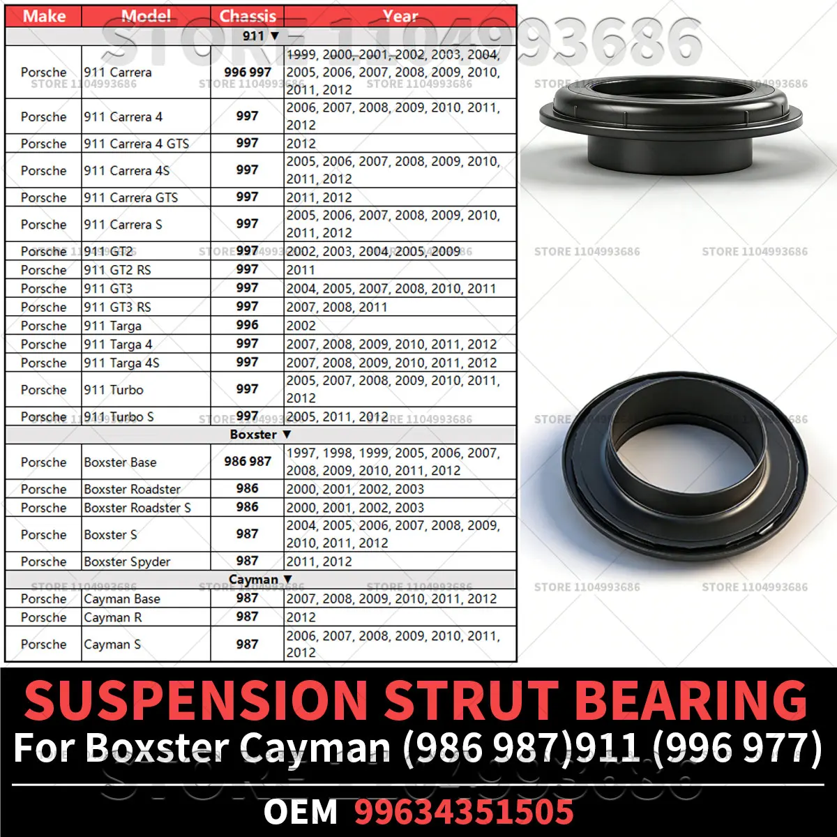For Porsche 1997-2012 Boxster Cayman (986 987) 1999-2012 911 (996 997) SUSPENSION STRUT BEARING OEM 99634351505 99634351504