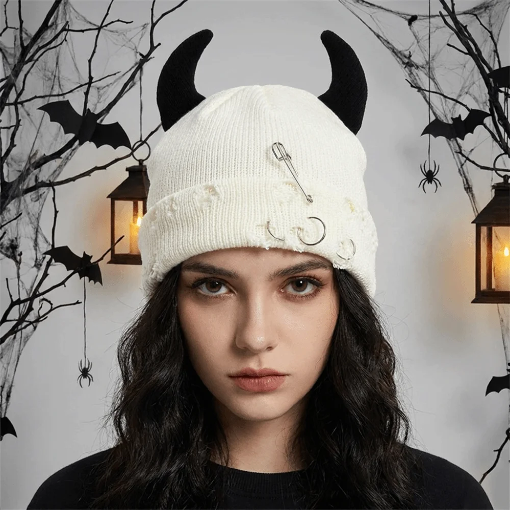Lovely Yarn Devil Horns Hat Solid Color Adjustable Winter Pullover Cap Distressed Harajuku Knitted Beanie Halloween Cosplay