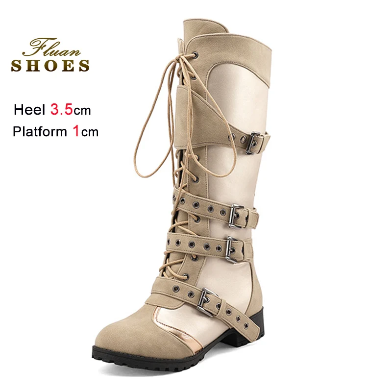 

Casual Long Boots Woman 3.5CM Low Heel Fashion Patchwork Belt Buckle Retro Women Knee Boots Side Zipper Spring Autumn Shoes CD