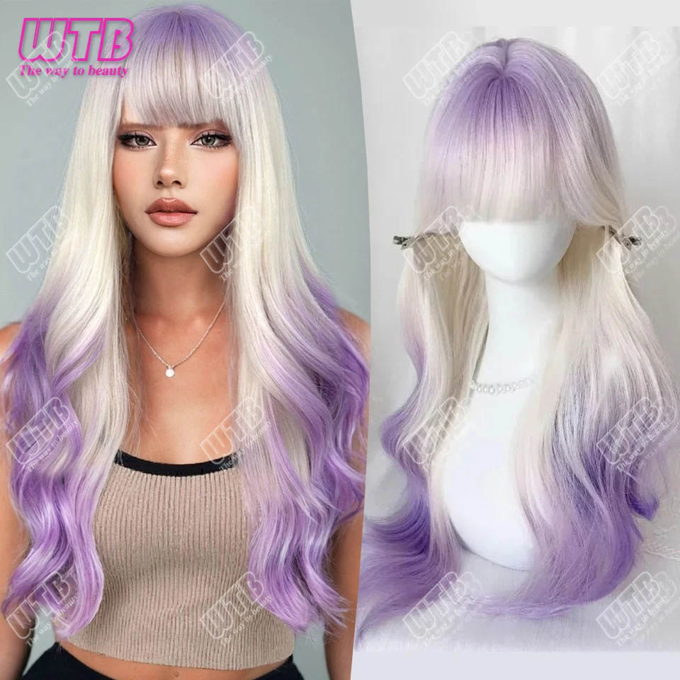 

Synthetic Wigs White Purple Long Curly Wavy for Women Natural Wave Wigs with Bangs Heat Resistant Cosplay Hair Halloween