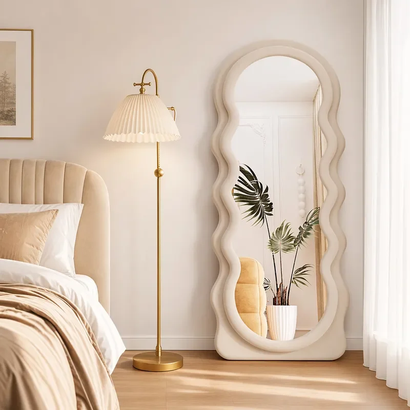 for Cream Wind French Wave Full Length Floor Mirror Large Home Bedroom Fitting Living Room Wall Standing Dressing Mirror