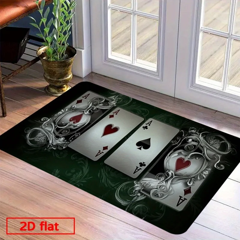 Vintage Four Aces Ornate Dark Green Print Soft Flannel Non Slip Door Mat Poker Game Lover Doormat for Entry Game Room Decor